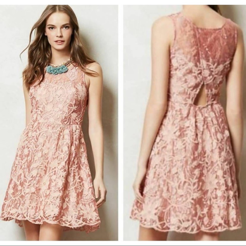 Anthropologie dress blush pink lace back cut out
